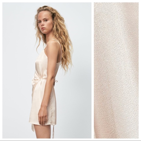 🌹NWT. Zara Nude Beige Satin Effect Wrap Mini Dress. Size S. - Picture 3 of 11